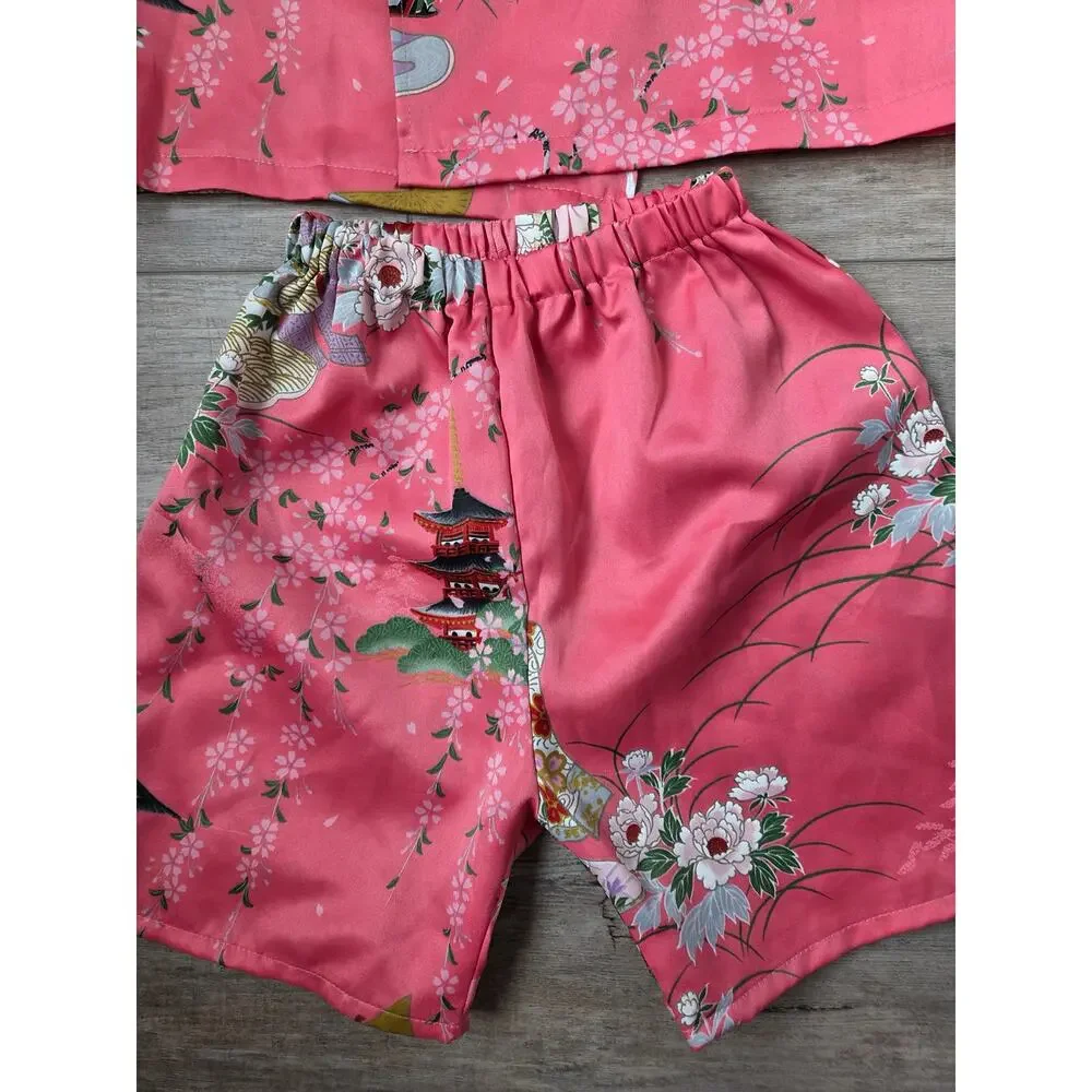 Kids Pink Kimono Yukata Set‎ Made in Japan Geisha Pagoda Fits 18M-2T